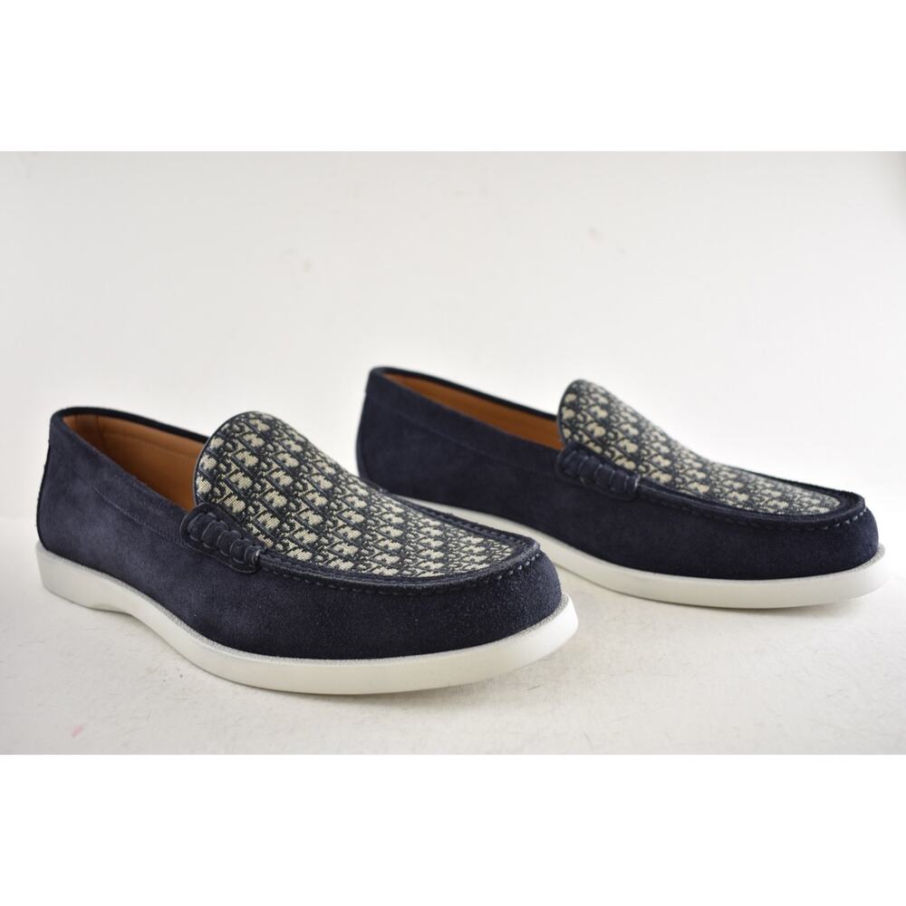 Dior Men Granville Navy Blue Suede Beige Black Oblique Logo Slip On Loafer 44 11 - Picture 4 of 16